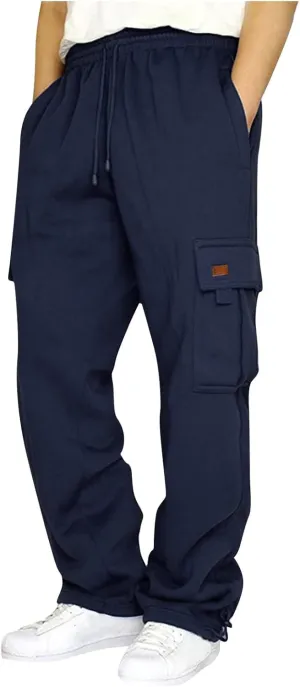 GOFULY Men Cargo Pants Fleece Elastic Waist Drawstring Baggy Pants Casual Sweatpants with Pockets Outdoor Joggers Trousers