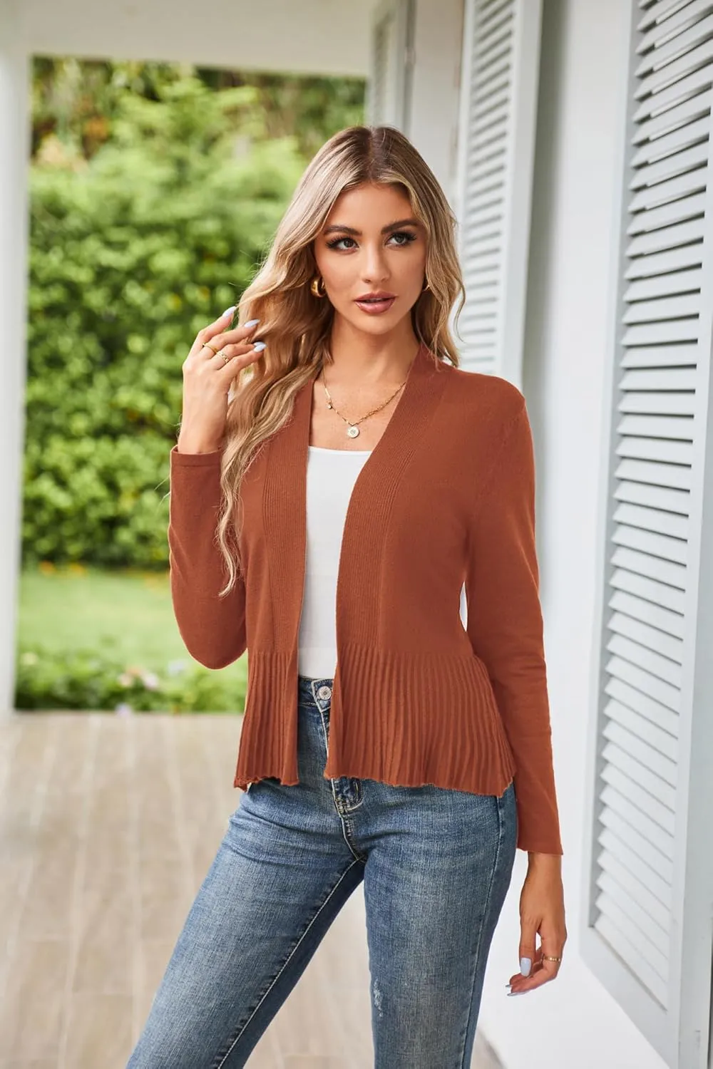 GRACE KARIN Women's Casual Draped Open Front Cropped Cardigan Long Sleeve Sweater Peplum Knit Outwear