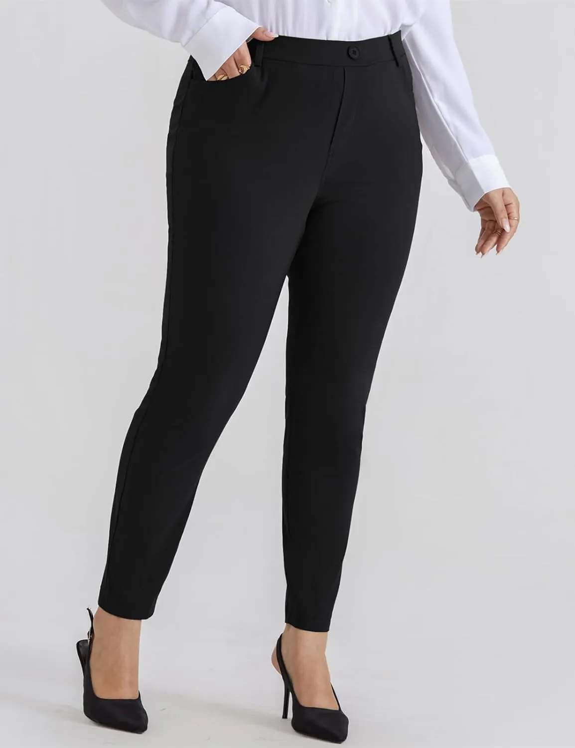 Hanna Nikole Plus Size Pants for Women Stretch Skinny Pull On Pants High Waisted Work Trousers with Pocket