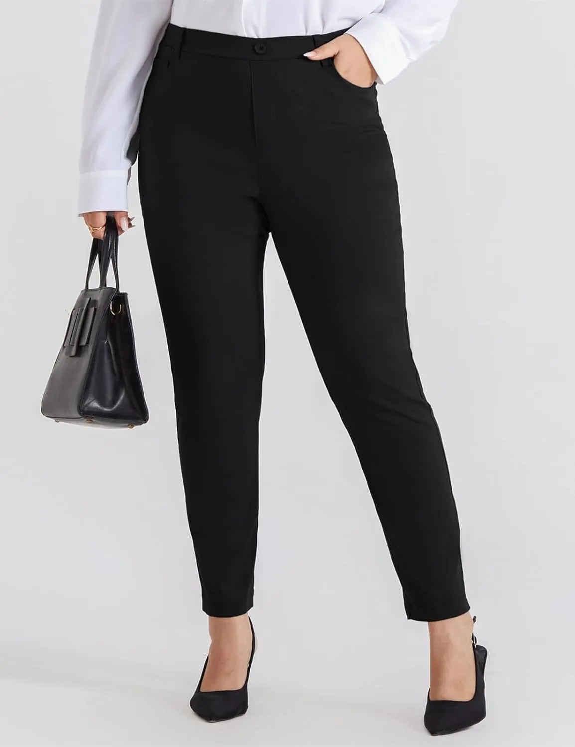 Hanna Nikole Plus Size Pants for Women Stretch Skinny Pull On Pants High Waisted Work Trousers with Pocket