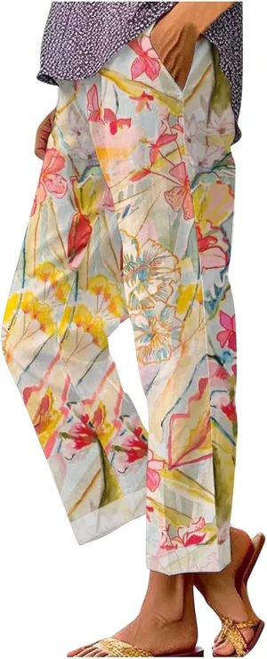 Hawaii Capri Pants for Women Casual Tropical Floral Print Pants Elastic High Waist Drawstring Summer Beach Trousers