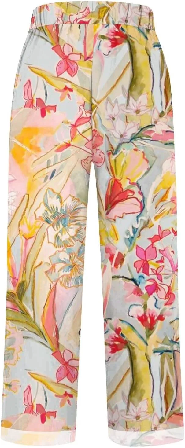 Hawaii Capri Pants for Women Casual Tropical Floral Print Pants Elastic High Waist Drawstring Summer Beach Trousers