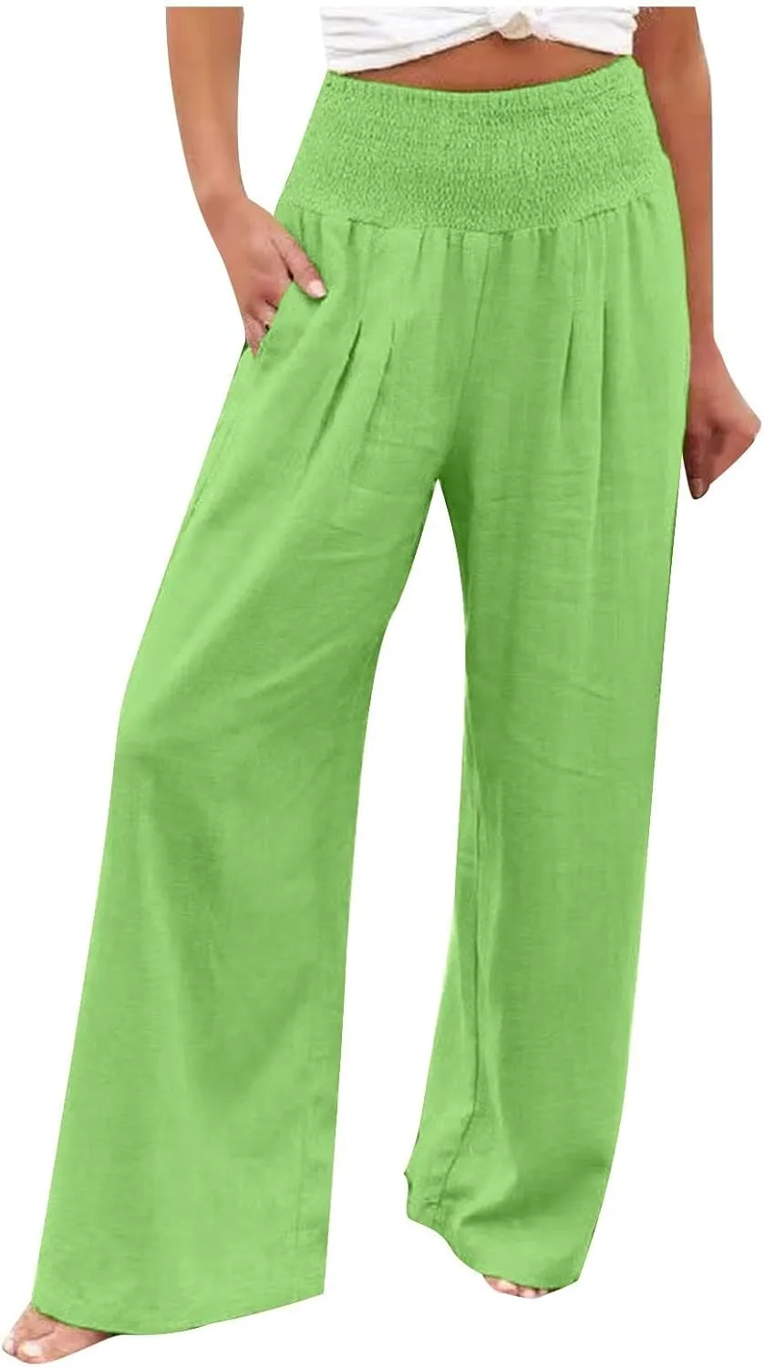 High Waist Cotton Linen Pants Wide Leg Palazzo Pants for Women Smocked Elastic Waist Loose Comfy Casual Pajama Pants