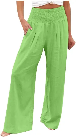 High Waist Cotton Linen Pants Wide Leg Palazzo Pants for Women Smocked Elastic Waist Loose Comfy Casual Pajama Pants
