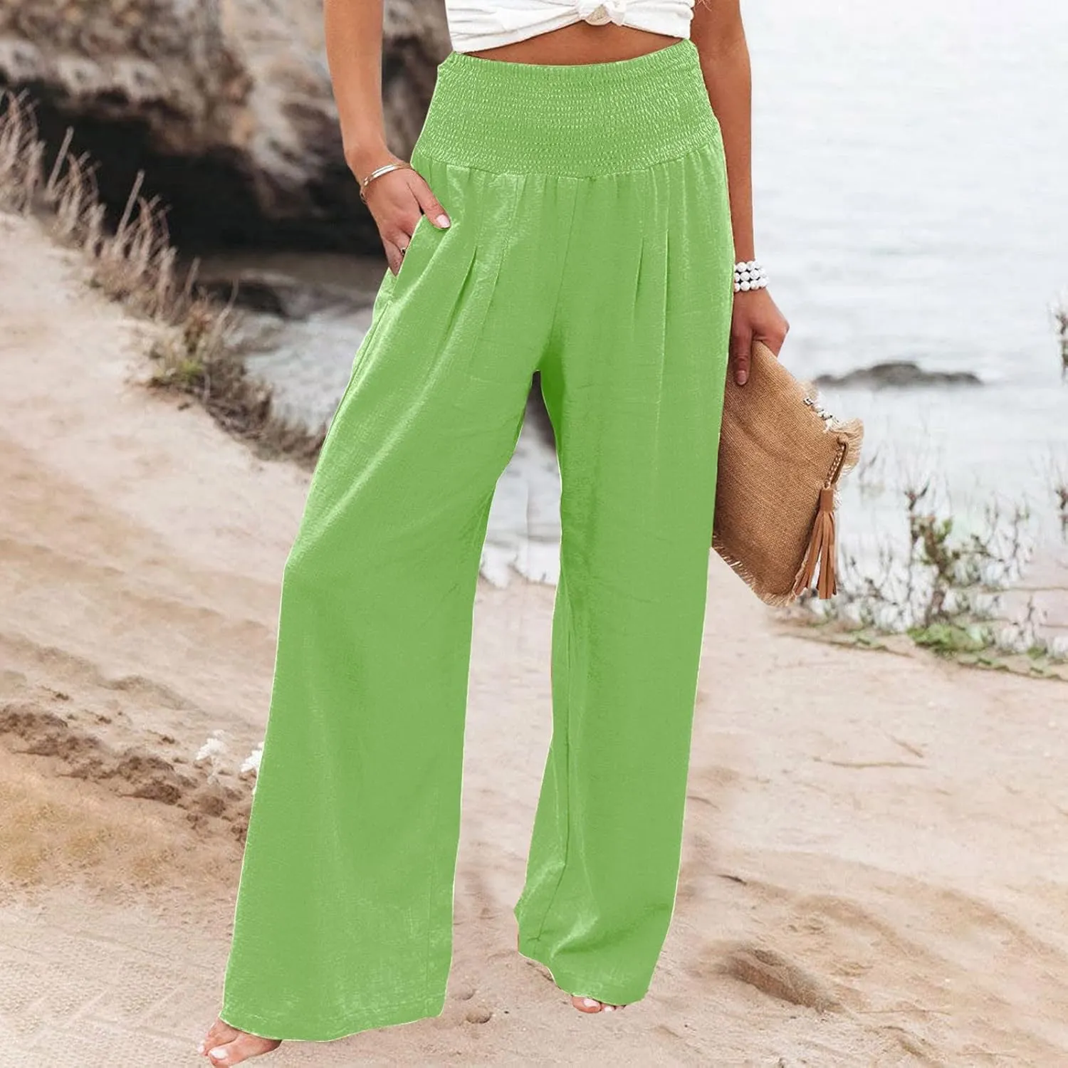 High Waist Cotton Linen Pants Wide Leg Palazzo Pants for Women Smocked Elastic Waist Loose Comfy Casual Pajama Pants