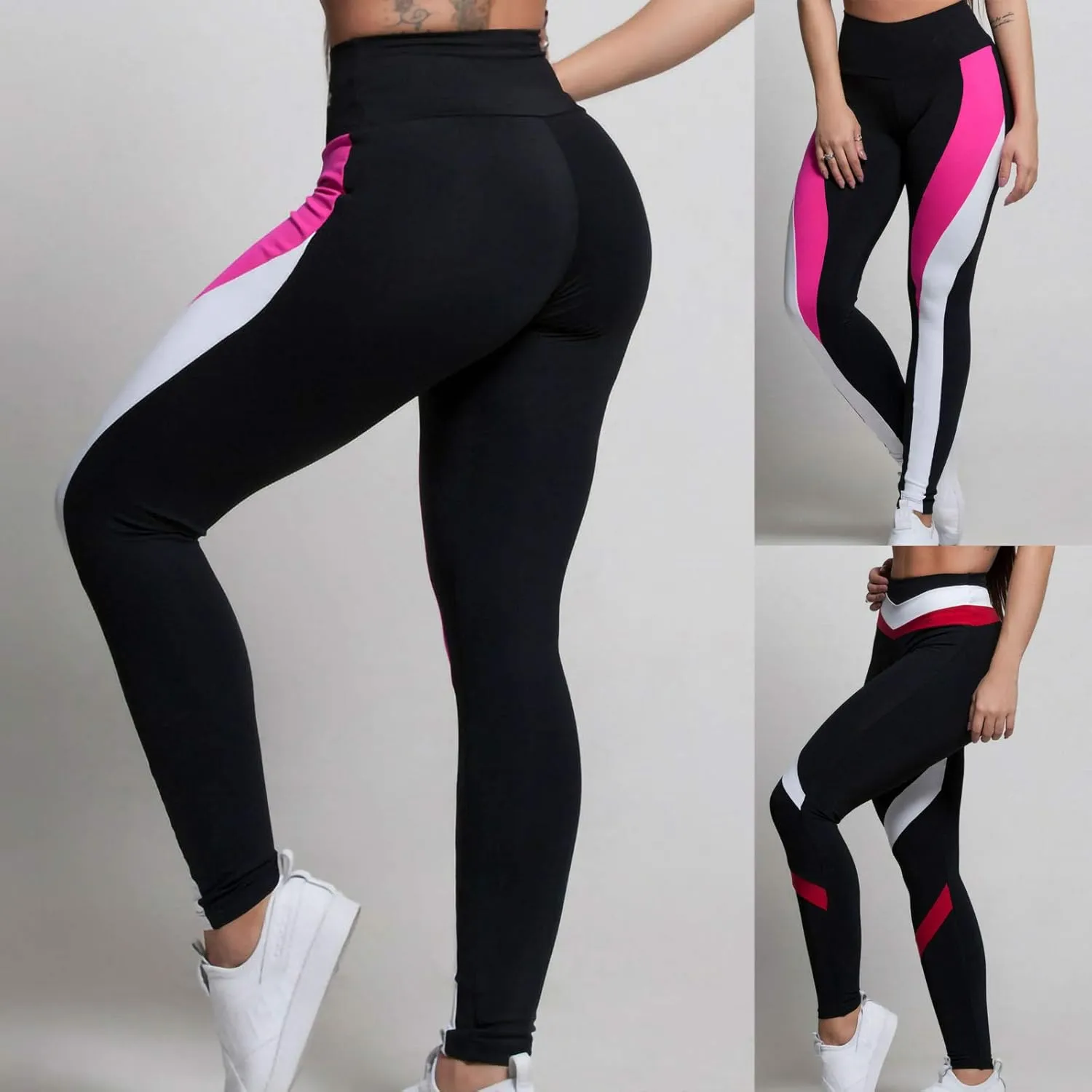 High Waist Yoga Pants Color Block Tummy Control Workout Stretch Running Dance Yoga Leggings for Women S-XL