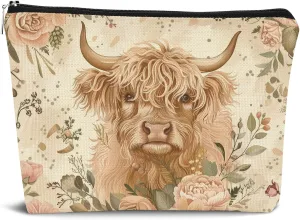 Highland Cow Makeup Bag, Highland Cow Gifts, Floral Cow Makeup Bag, Cow Gifts for Cow Lovers Women, Western Makeup Bag, Cowgirl Gifts, Western Gifts for Women, Cute Cow Stuff