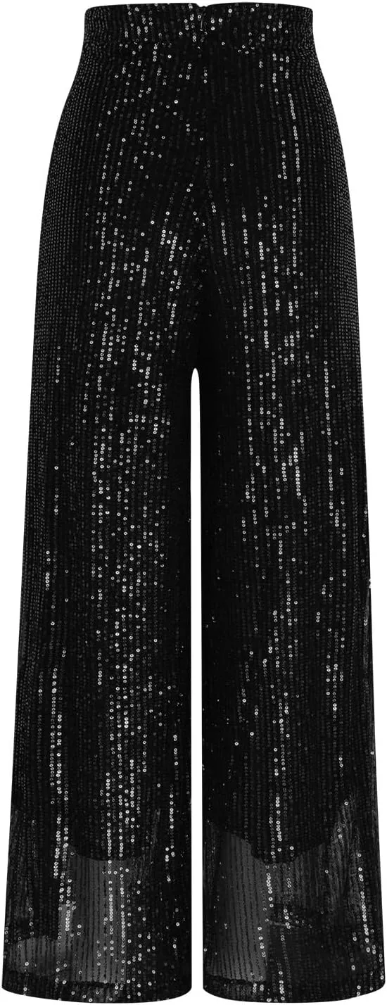 hlysgo Sequin Pants for Women Plus Size High Waist Palazzo Pants Sparkly Glitter Wide Leg Pants Bling Party Clubwear Trouser