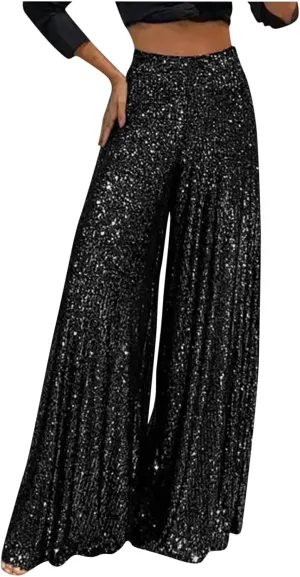 hlysgo Sequin Pants for Women Plus Size High Waist Palazzo Pants Sparkly Glitter Wide Leg Pants Bling Party Clubwear Trouser