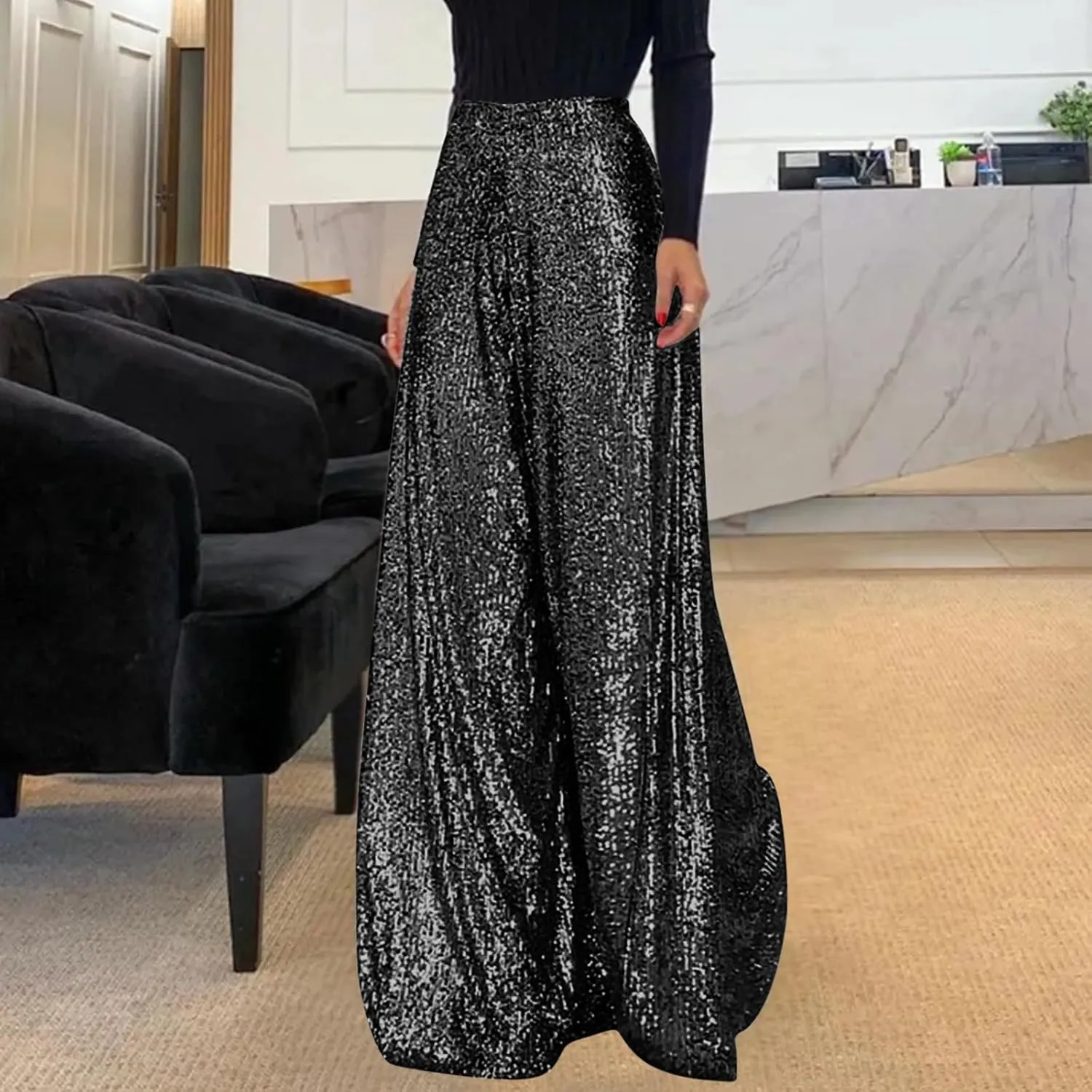 hlysgo Sequin Pants for Women Plus Size High Waist Palazzo Pants Sparkly Glitter Wide Leg Pants Bling Party Clubwear Trouser