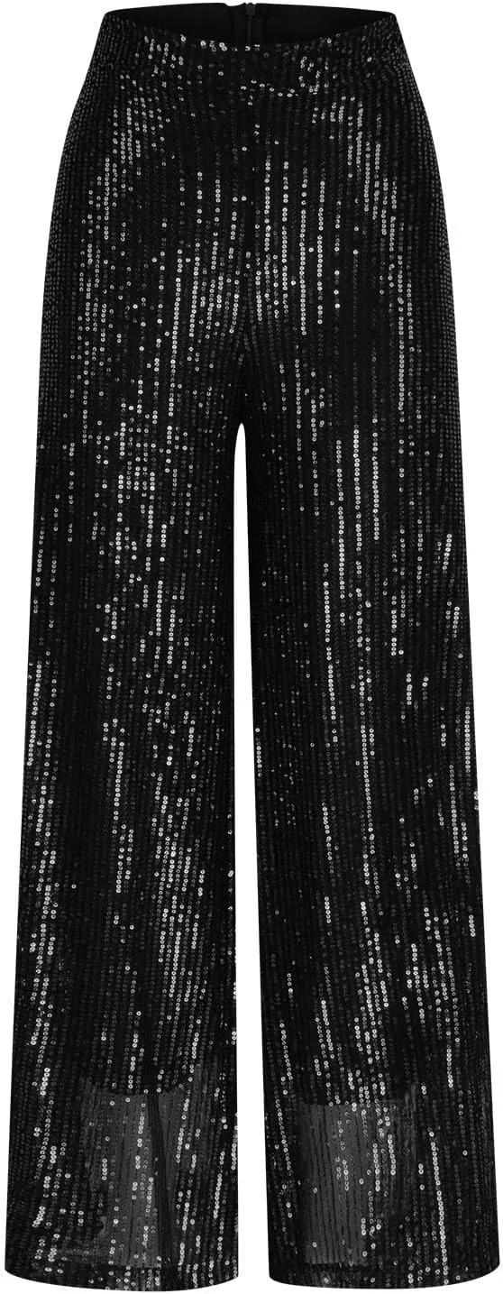 hlysgo Sequin Pants for Women Plus Size High Waist Palazzo Pants Sparkly Glitter Wide Leg Pants Bling Party Clubwear Trouser
