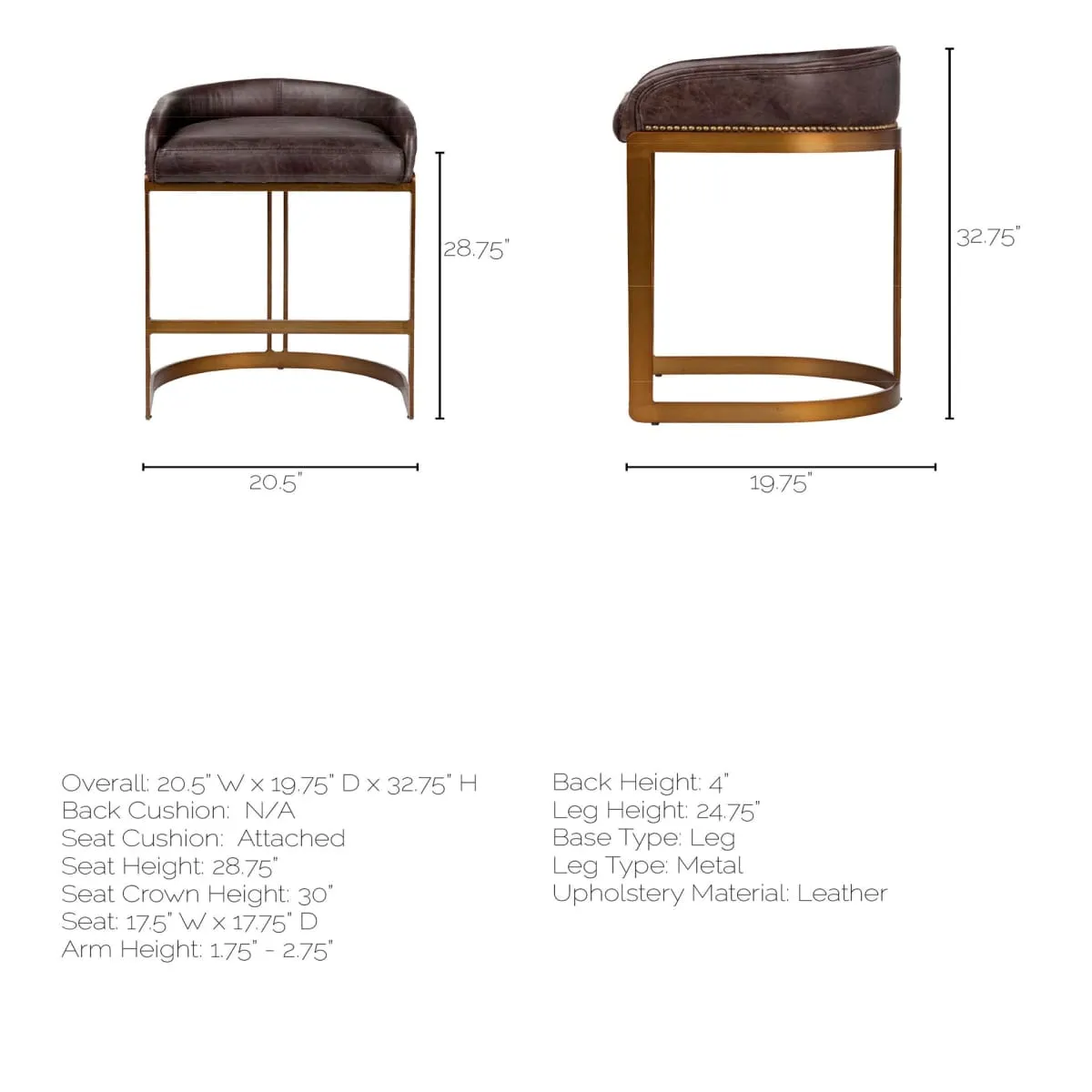 Hollyfield Bar Counter Stool Black Leather | Antiqued Gold Metal | Bar