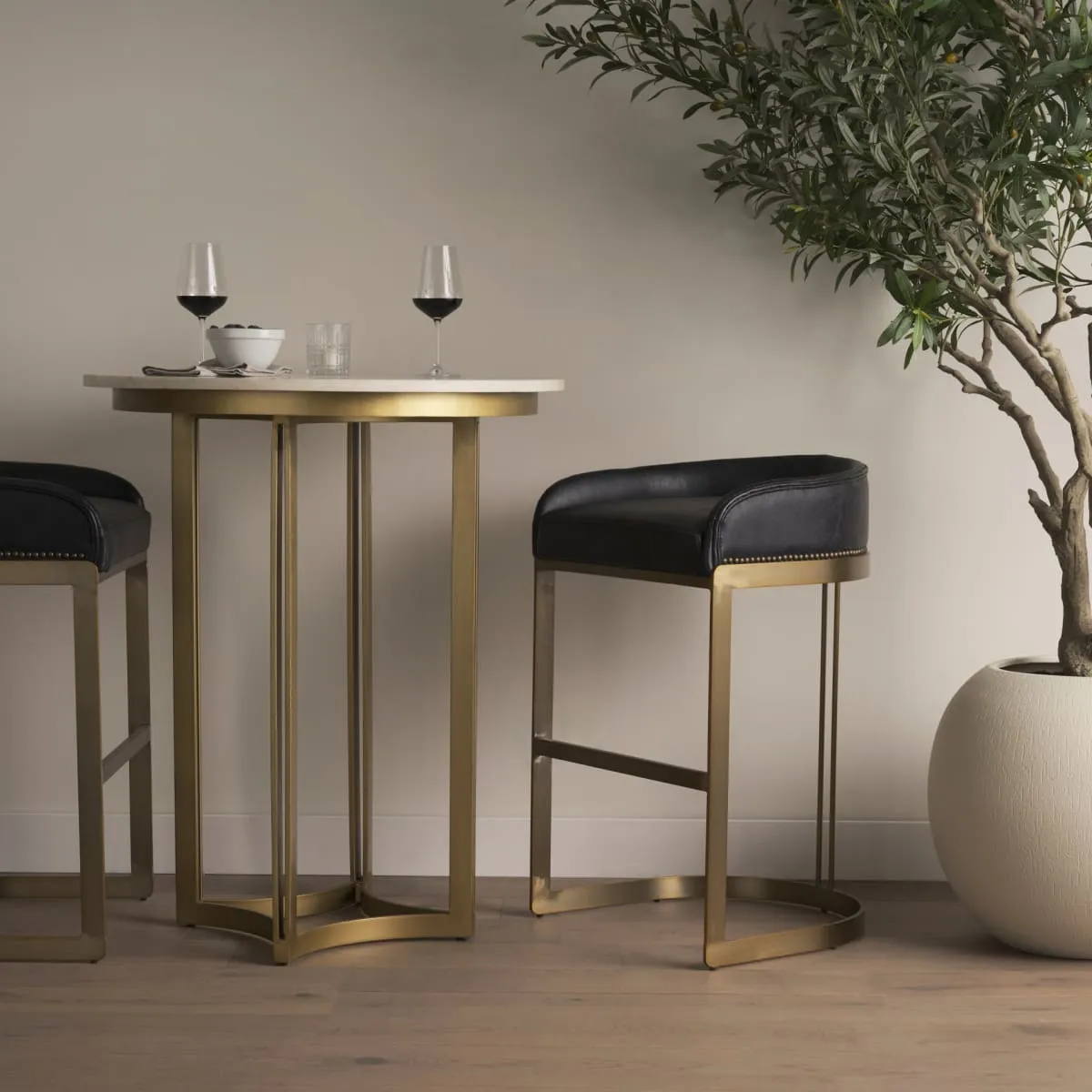 Hollyfield Bar Counter Stool Black Leather | Antiqued Gold Metal | Bar