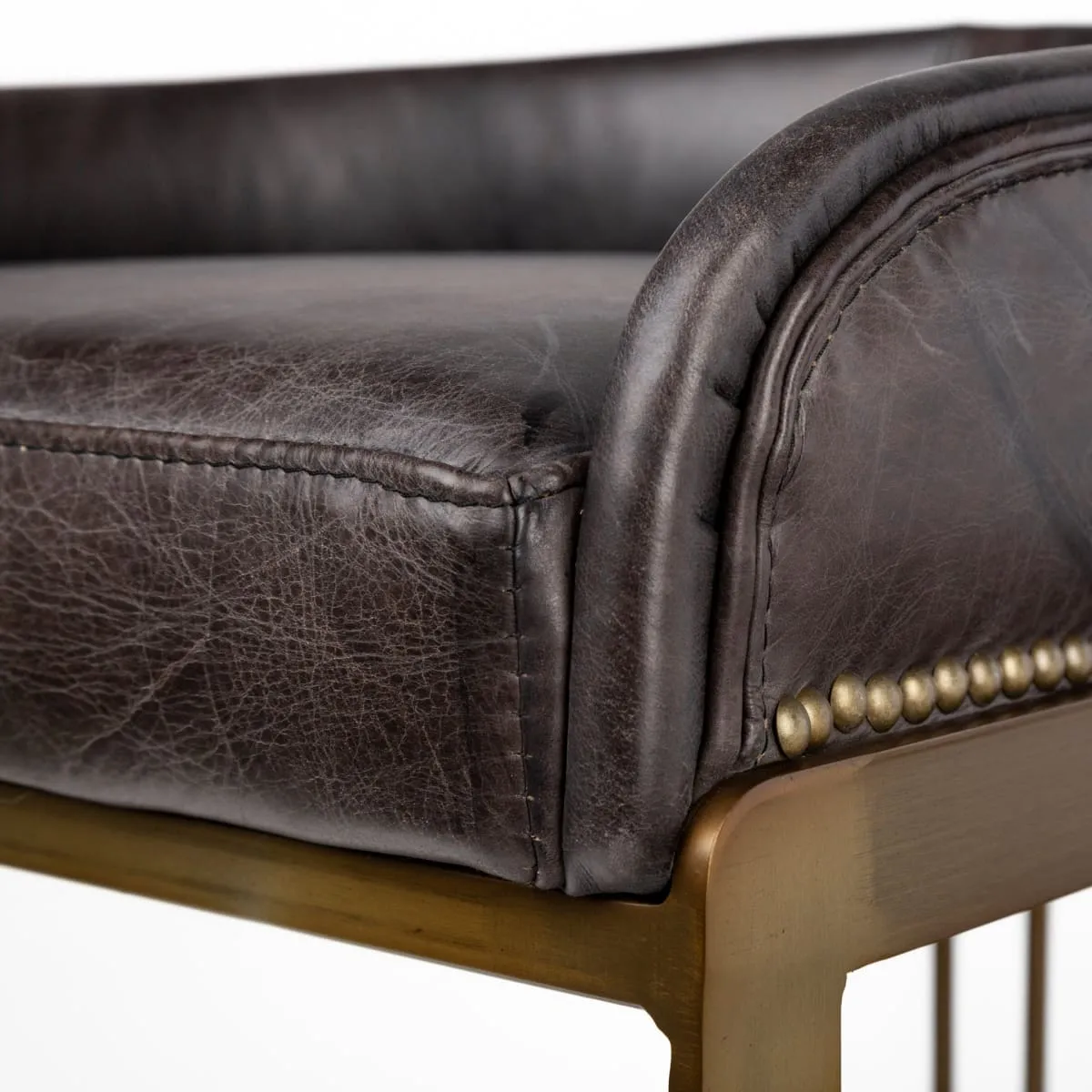 Hollyfield Bar Counter Stool Black Leather | Antiqued Gold Metal | Bar