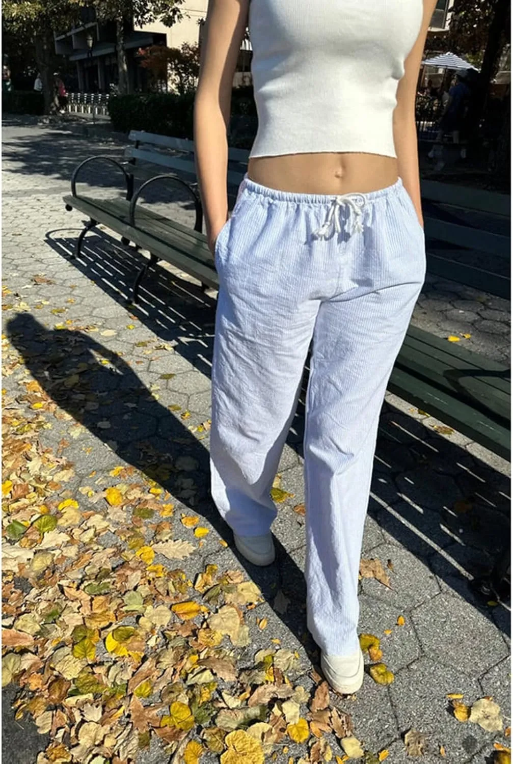 HOXIJIA Women Casual Striped Print Long Pants Elastic High Waist Loose Fit Straight Wide Leg Trousers Y2K Streetwear