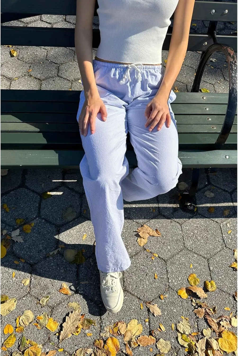 HOXIJIA Women Casual Striped Print Long Pants Elastic High Waist Loose Fit Straight Wide Leg Trousers Y2K Streetwear
