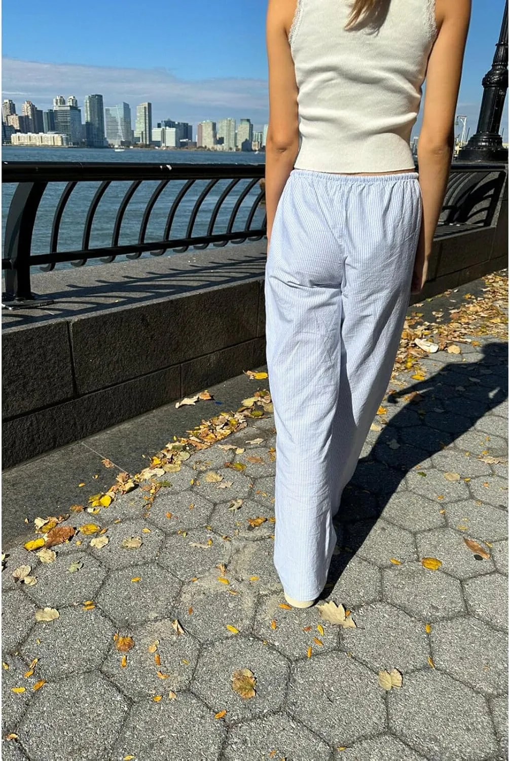 HOXIJIA Women Casual Striped Print Long Pants Elastic High Waist Loose Fit Straight Wide Leg Trousers Y2K Streetwear