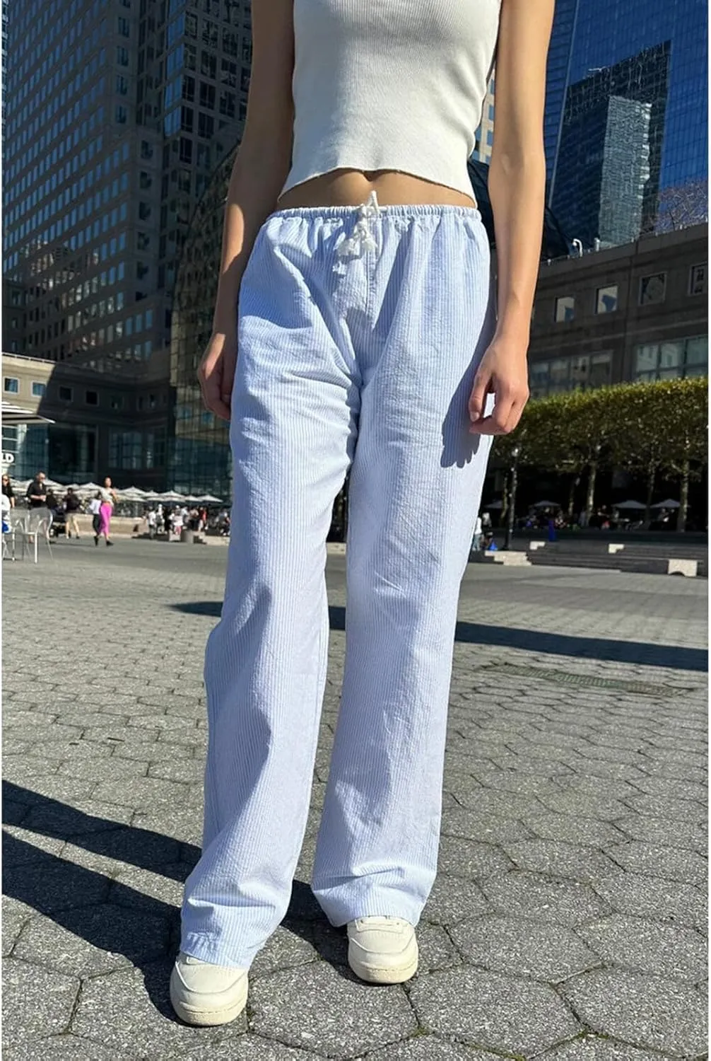 HOXIJIA Women Casual Striped Print Long Pants Elastic High Waist Loose Fit Straight Wide Leg Trousers Y2K Streetwear
