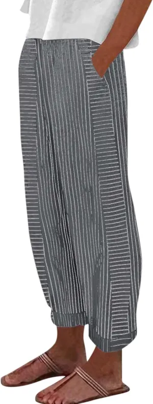HXHYQKP Summer Pants for Women Casual Pants Stripe Print Side Button Trendy Pants Elastic Waist Straight Leg Trousers
