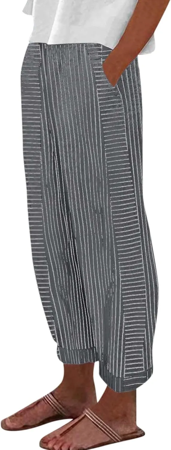 HXHYQKP Summer Pants for Women Casual Pants Stripe Print Side Button Trendy Pants Elastic Waist Straight Leg Trousers