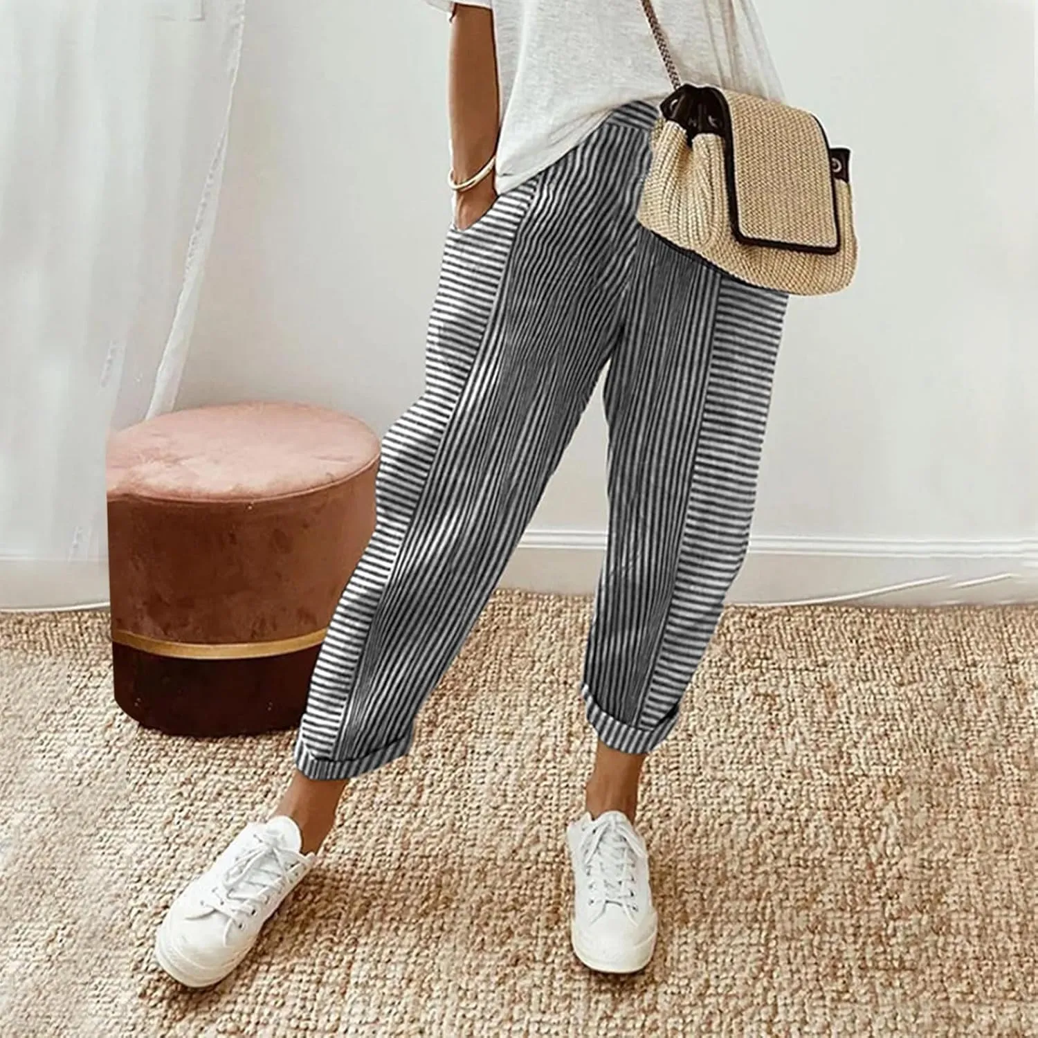 HXHYQKP Summer Pants for Women Casual Pants Stripe Print Side Button Trendy Pants Elastic Waist Straight Leg Trousers