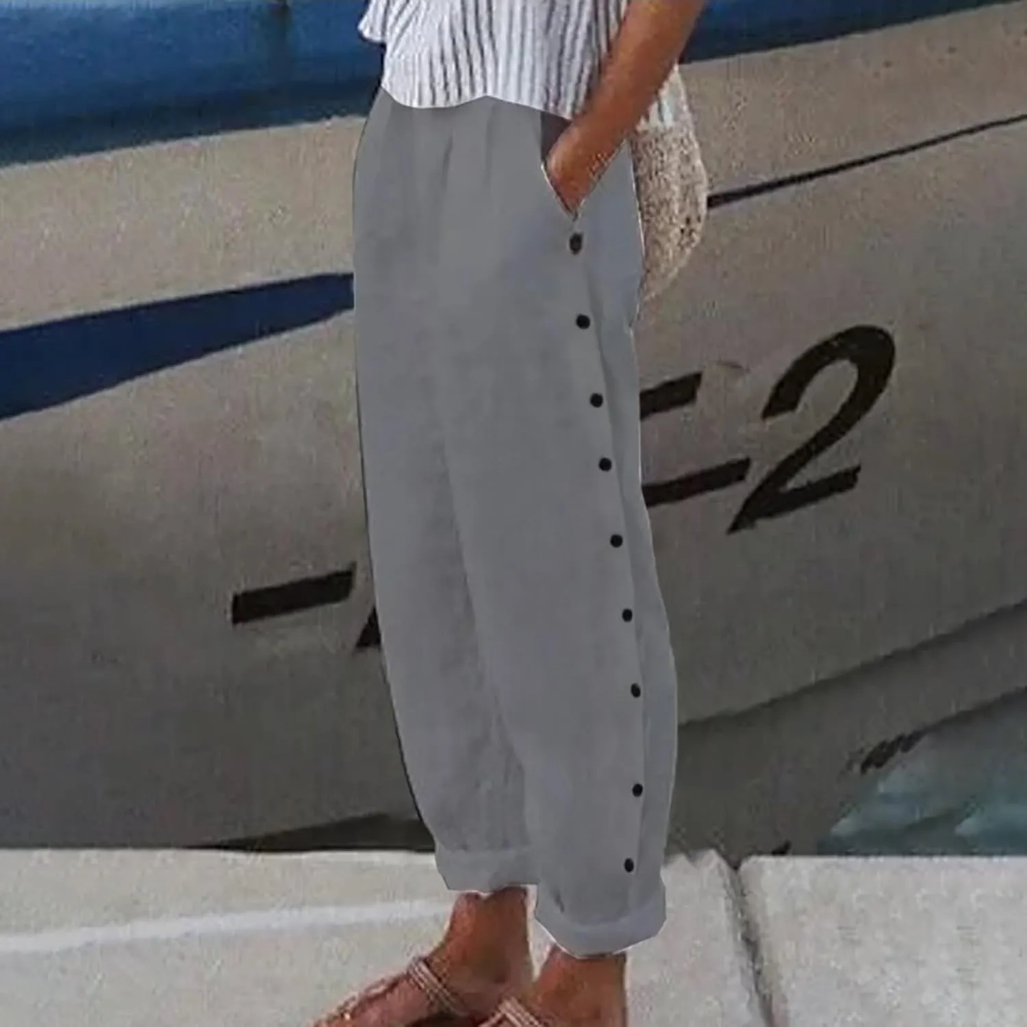 HXHYQKP Summer Pants for Women Casual Pants Stripe Print Side Button Trendy Pants Elastic Waist Straight Leg Trousers