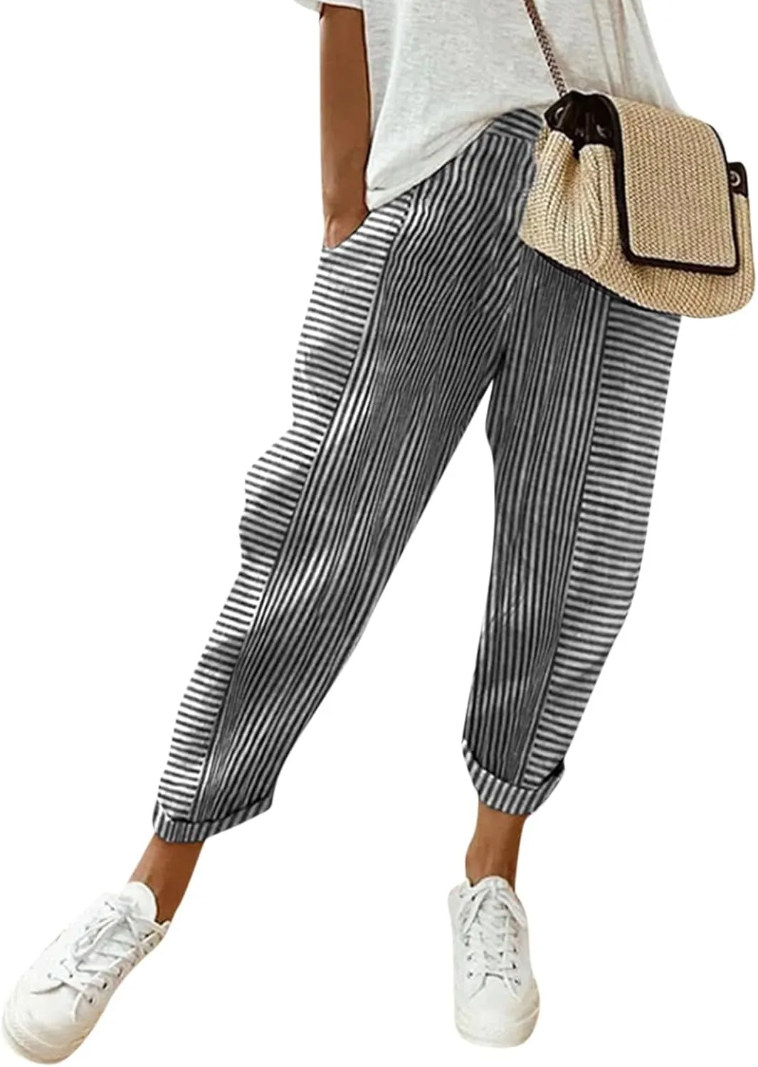 HXHYQKP Summer Pants for Women Casual Pants Stripe Print Side Button Trendy Pants Elastic Waist Straight Leg Trousers