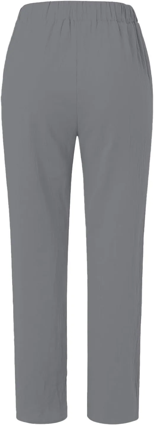 HXHYQKP Summer Pants for Women Casual Pants Stripe Print Side Button Trendy Pants Elastic Waist Straight Leg Trousers