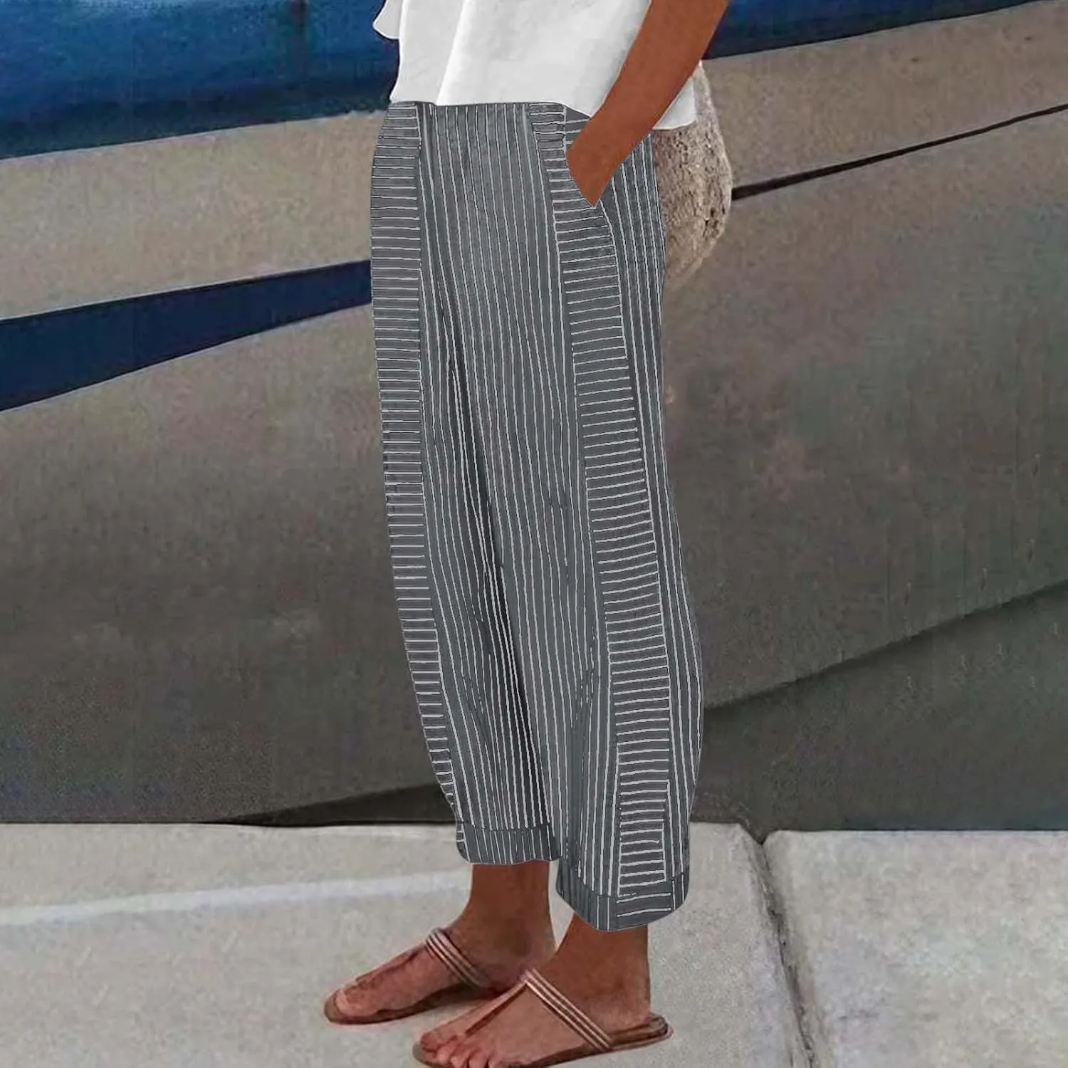 HXHYQKP Summer Pants for Women Casual Pants Stripe Print Side Button Trendy Pants Elastic Waist Straight Leg Trousers