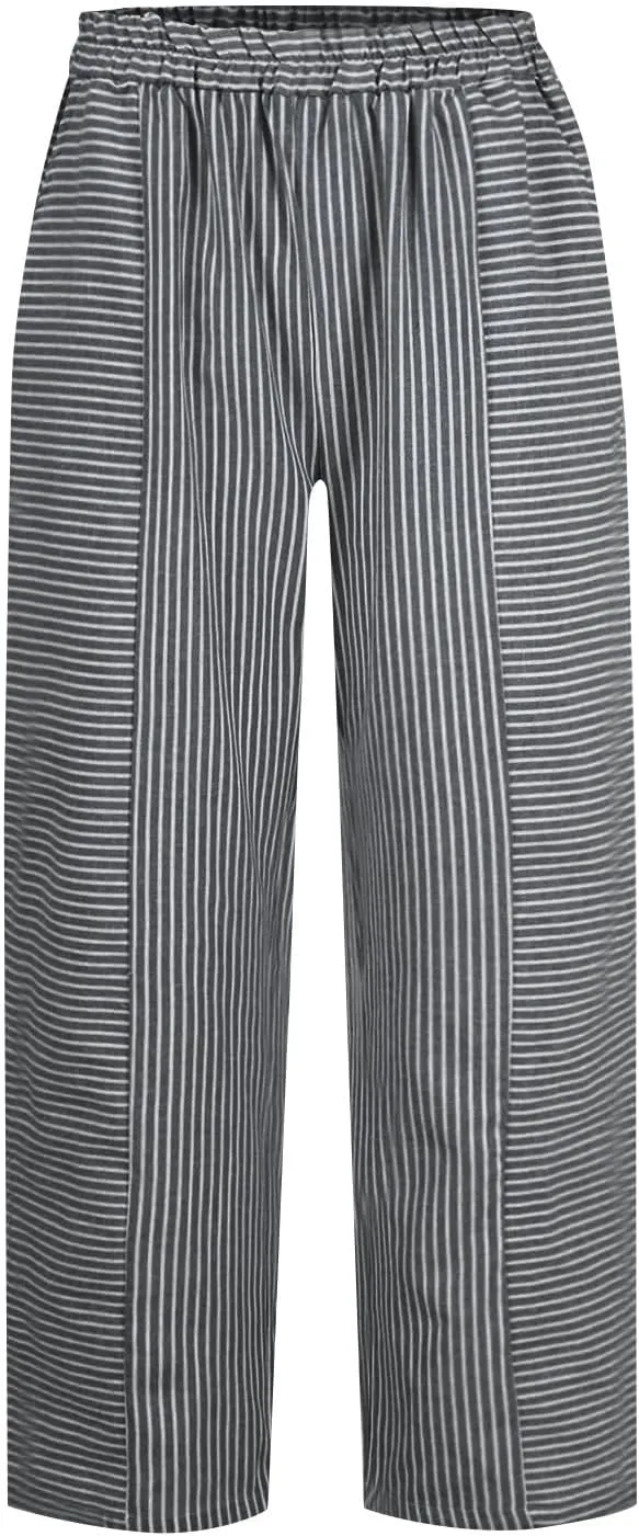 HXHYQKP Summer Pants for Women Casual Pants Stripe Print Side Button Trendy Pants Elastic Waist Straight Leg Trousers