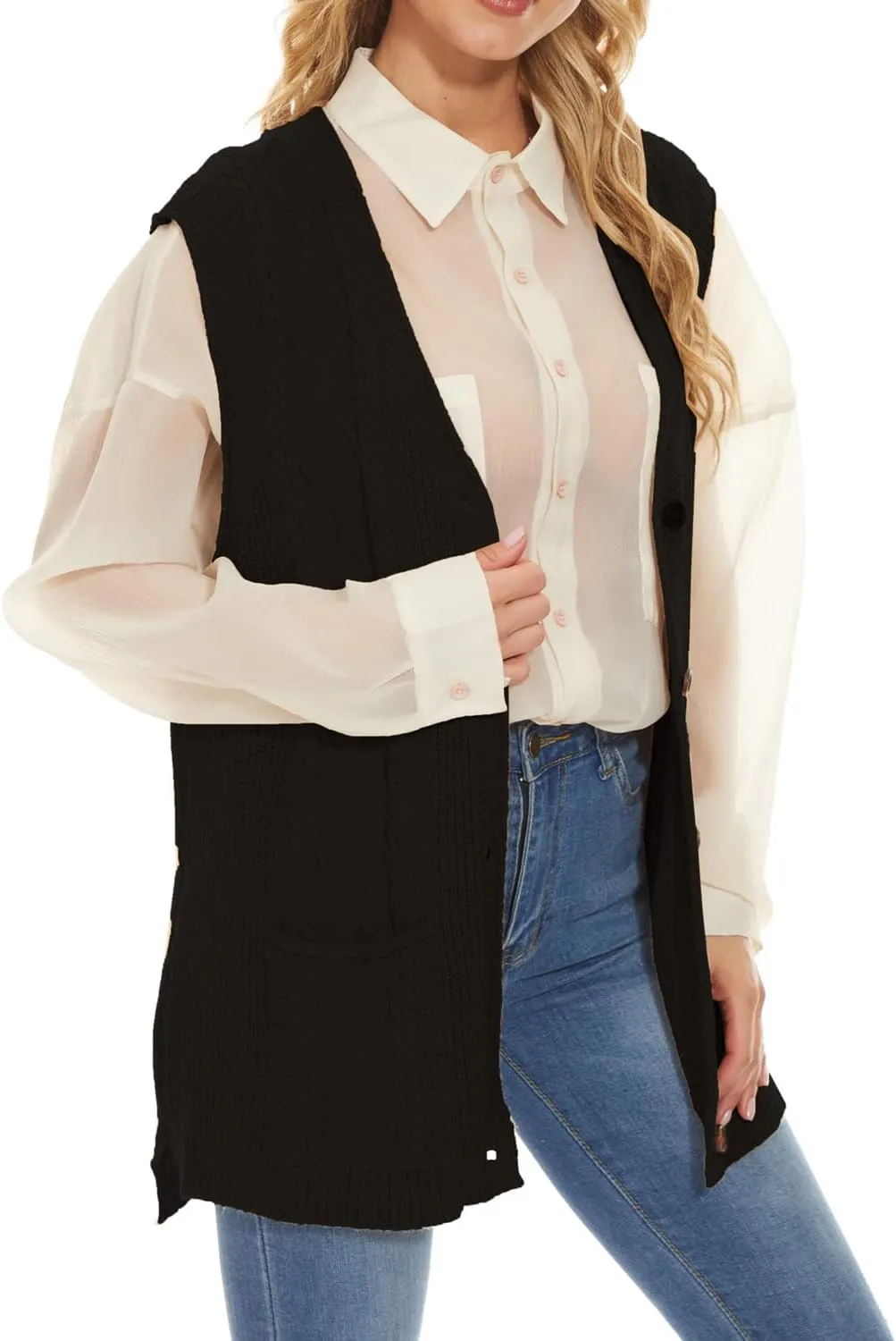 Hyipels Women's Sweater Vest,Long Cable Loose Knitted Sleeveless V Neck Casual Sweaters Tank Top S~XL