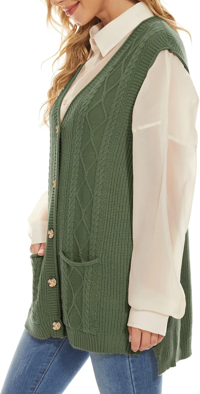 Hyipels Women's Sweater Vest,Long Cable Loose Knitted Sleeveless V Neck Casual Sweaters Tank Top S~XL