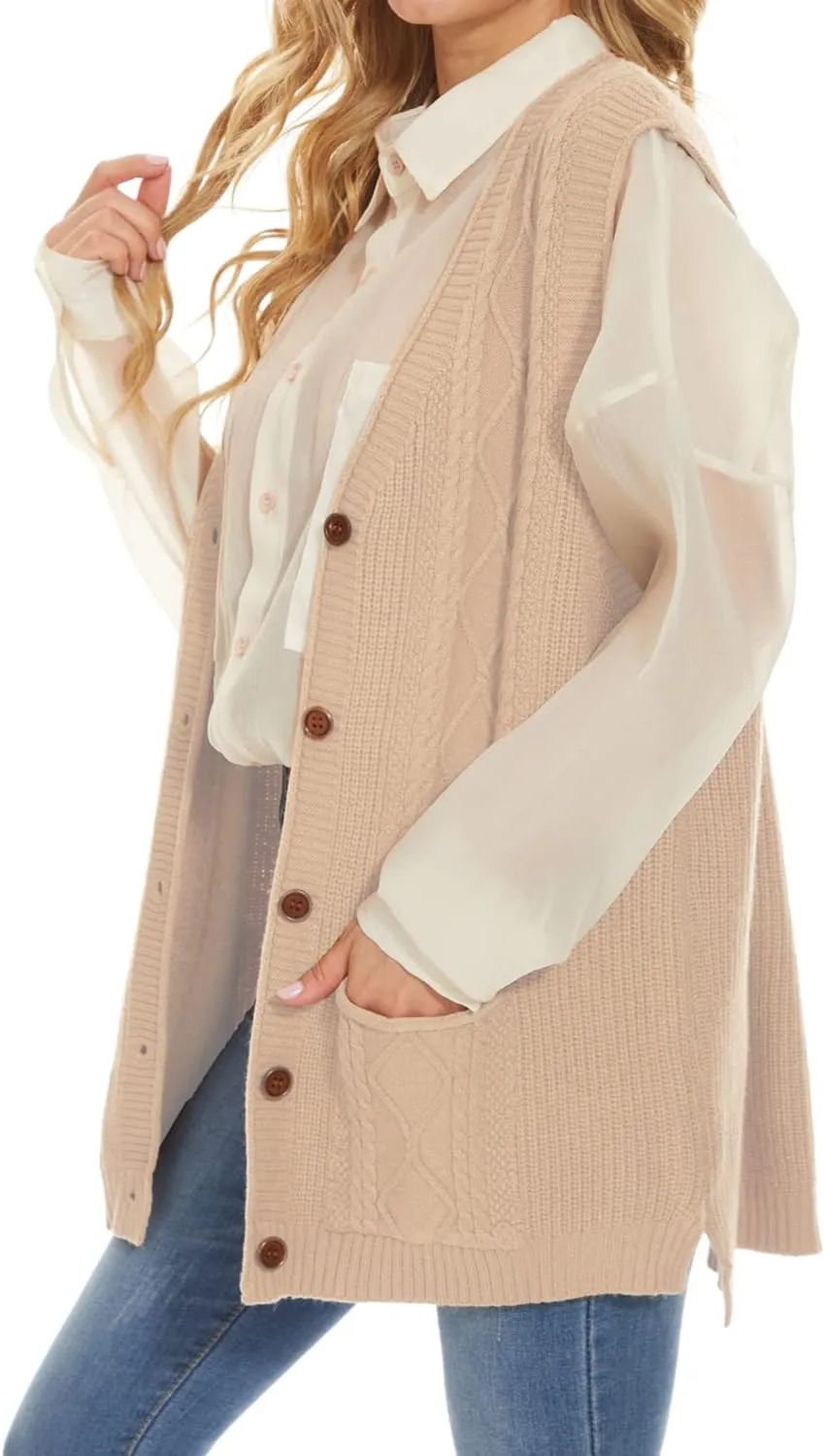 Hyipels Women's Sweater Vest,Long Cable Loose Knitted Sleeveless V Neck Casual Sweaters Tank Top S~XL