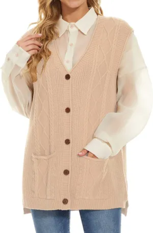 Hyipels Women's Sweater Vest,Long Cable Loose Knitted Sleeveless V Neck Casual Sweaters Tank Top S~XL