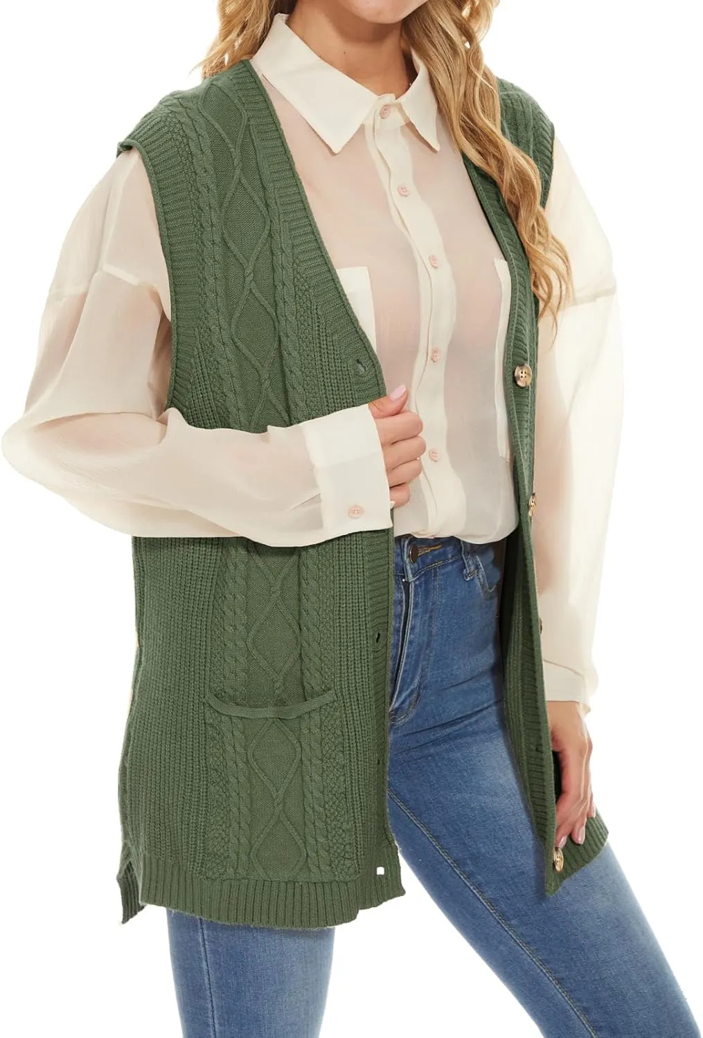 Hyipels Women's Sweater Vest,Long Cable Loose Knitted Sleeveless V Neck Casual Sweaters Tank Top S~XL
