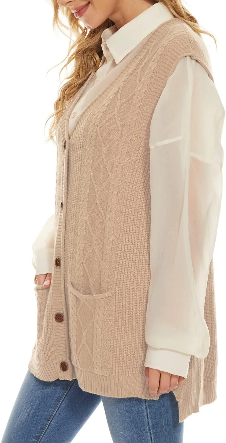 Hyipels Women's Sweater Vest,Long Cable Loose Knitted Sleeveless V Neck Casual Sweaters Tank Top S~XL