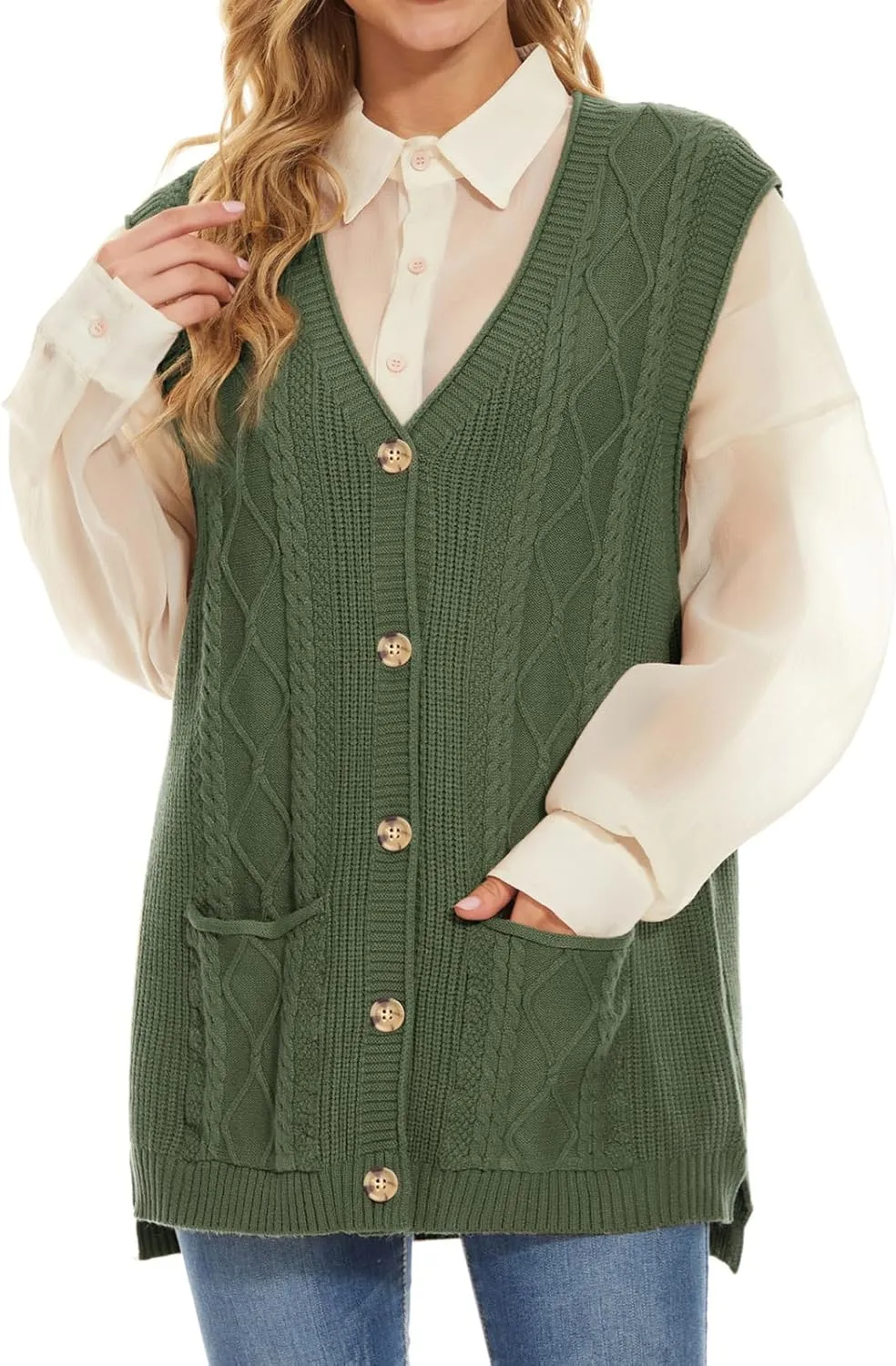 Hyipels Women's Sweater Vest,Long Cable Loose Knitted Sleeveless V Neck Casual Sweaters Tank Top S~XL