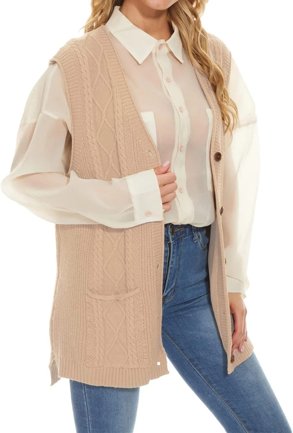 Hyipels Women's Sweater Vest,Long Cable Loose Knitted Sleeveless V Neck Casual Sweaters Tank Top S~XL