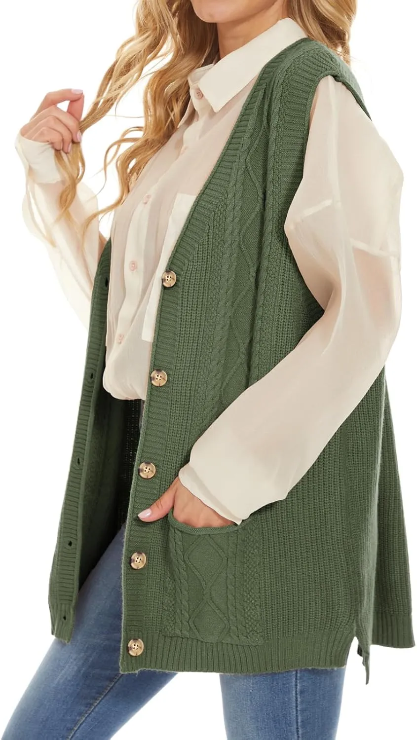 Hyipels Women's Sweater Vest,Long Cable Loose Knitted Sleeveless V Neck Casual Sweaters Tank Top S~XL