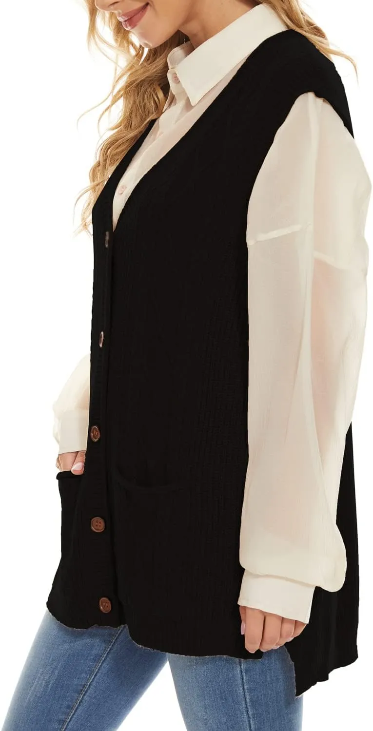 Hyipels Women's Sweater Vest,Long Cable Loose Knitted Sleeveless V Neck Casual Sweaters Tank Top S~XL