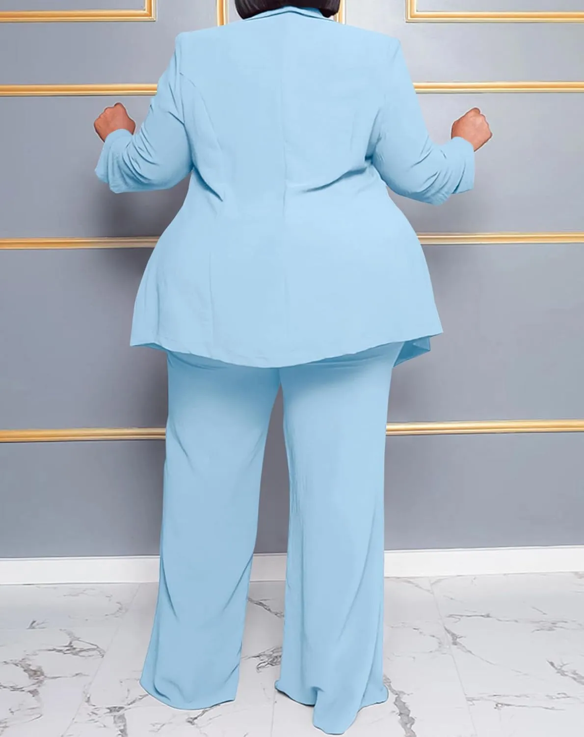 IyMoo Plus Size Suits for Women Business Open Front Long Sleeve Blazer Elastic Waist Solid Straight Leg Pant Set Suits