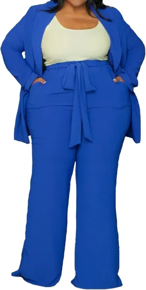 IyMoo Plus Size Suits for Women Business Open Front Long Sleeve Blazer Elastic Waist Solid Straight Leg Pant Set Suits