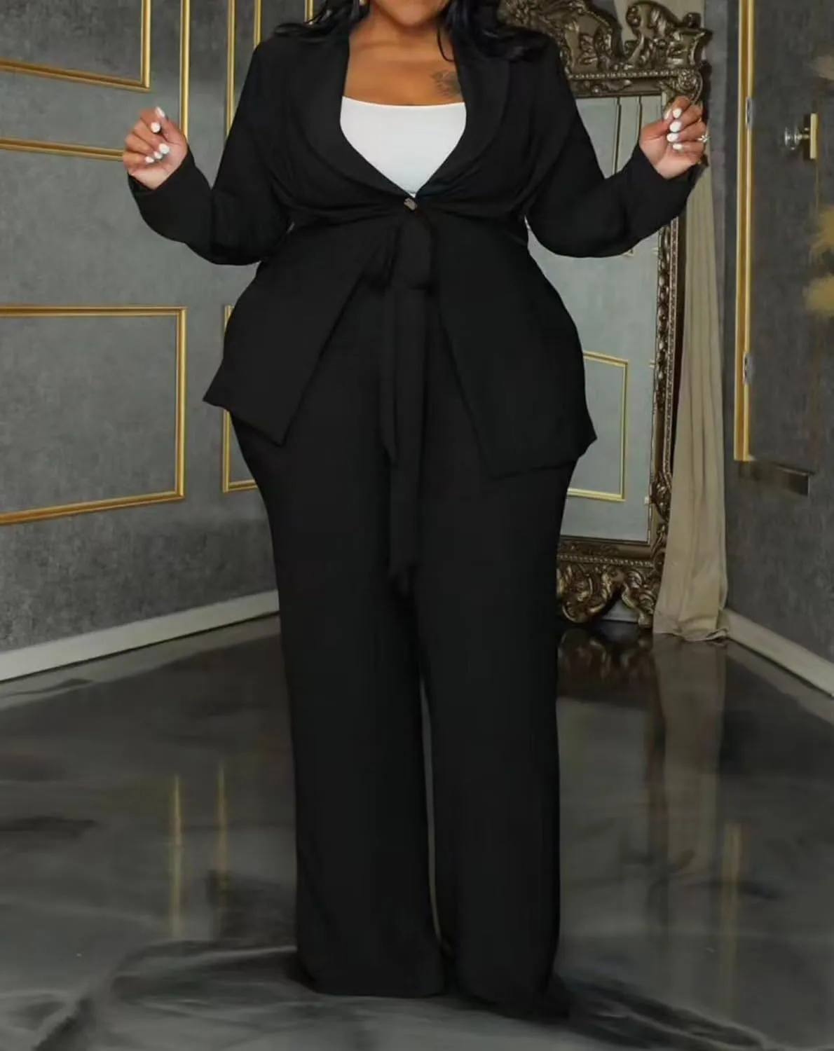 IyMoo Plus Size Suits for Women Business Open Front Long Sleeve Blazer Elastic Waist Solid Straight Leg Pant Set Suits