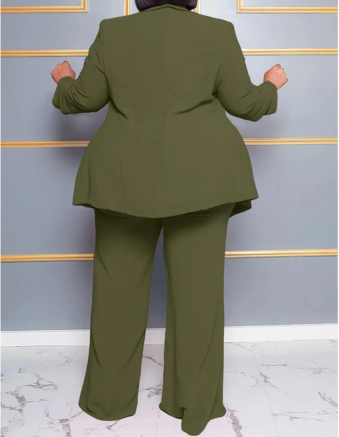 IyMoo Plus Size Suits for Women Business Open Front Long Sleeve Blazer Elastic Waist Solid Straight Leg Pant Set Suits