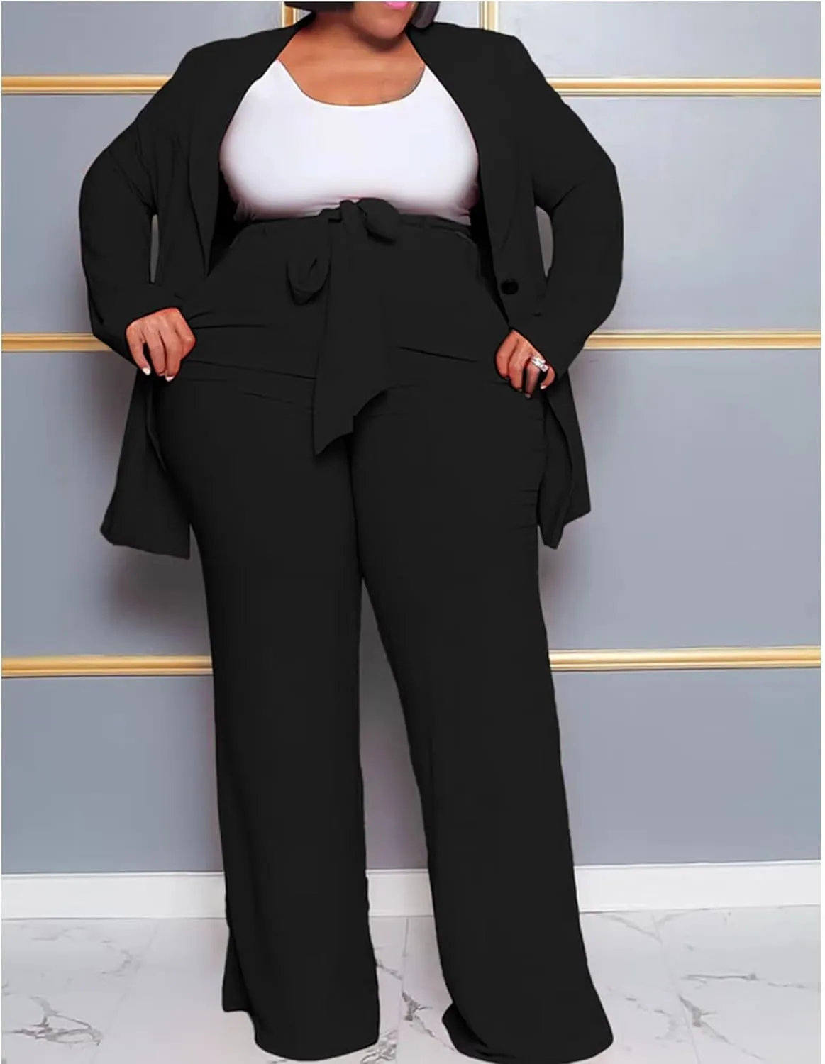 IyMoo Plus Size Suits for Women Business Open Front Long Sleeve Blazer Elastic Waist Solid Straight Leg Pant Set Suits