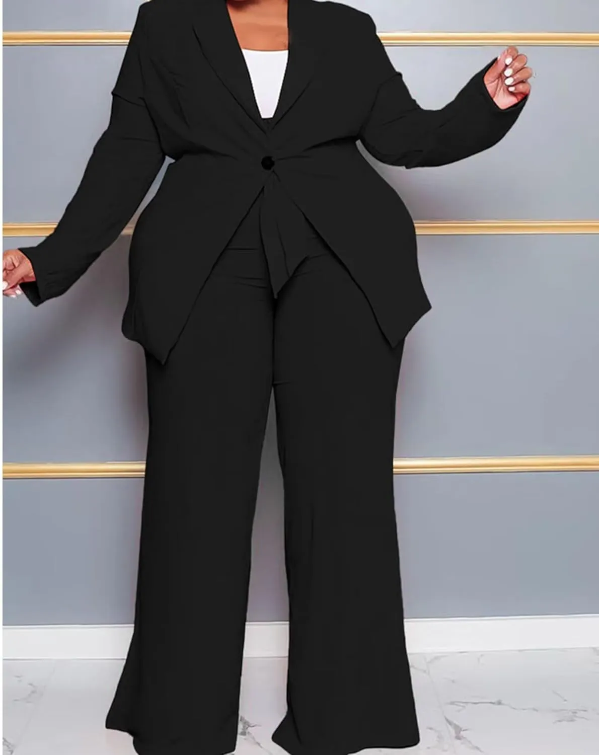 IyMoo Plus Size Suits for Women Business Open Front Long Sleeve Blazer Elastic Waist Solid Straight Leg Pant Set Suits