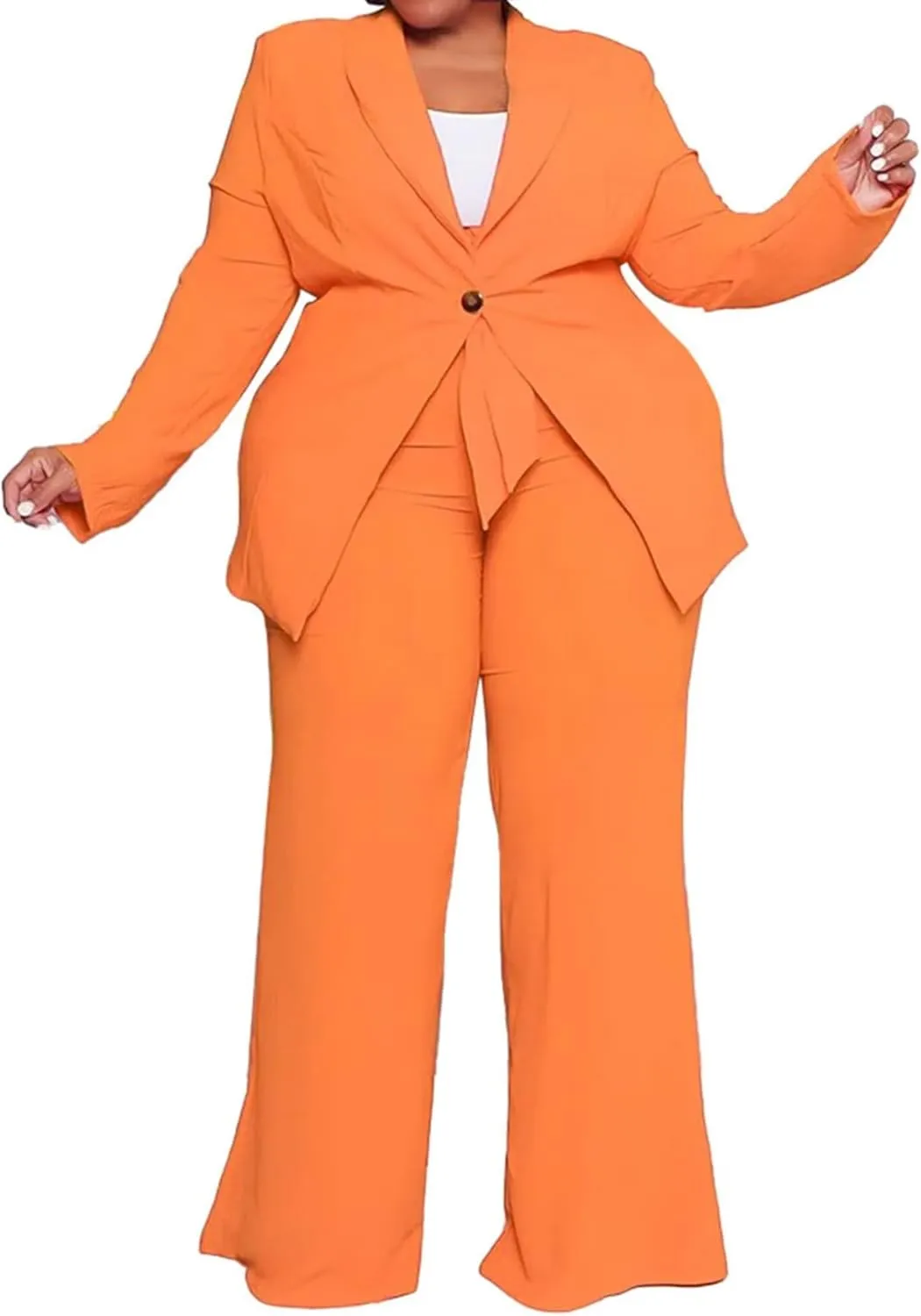 IyMoo Plus Size Suits for Women Business Open Front Long Sleeve Blazer Elastic Waist Solid Straight Leg Pant Set Suits