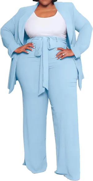 IyMoo Plus Size Suits for Women Business Open Front Long Sleeve Blazer Elastic Waist Solid Straight Leg Pant Set Suits