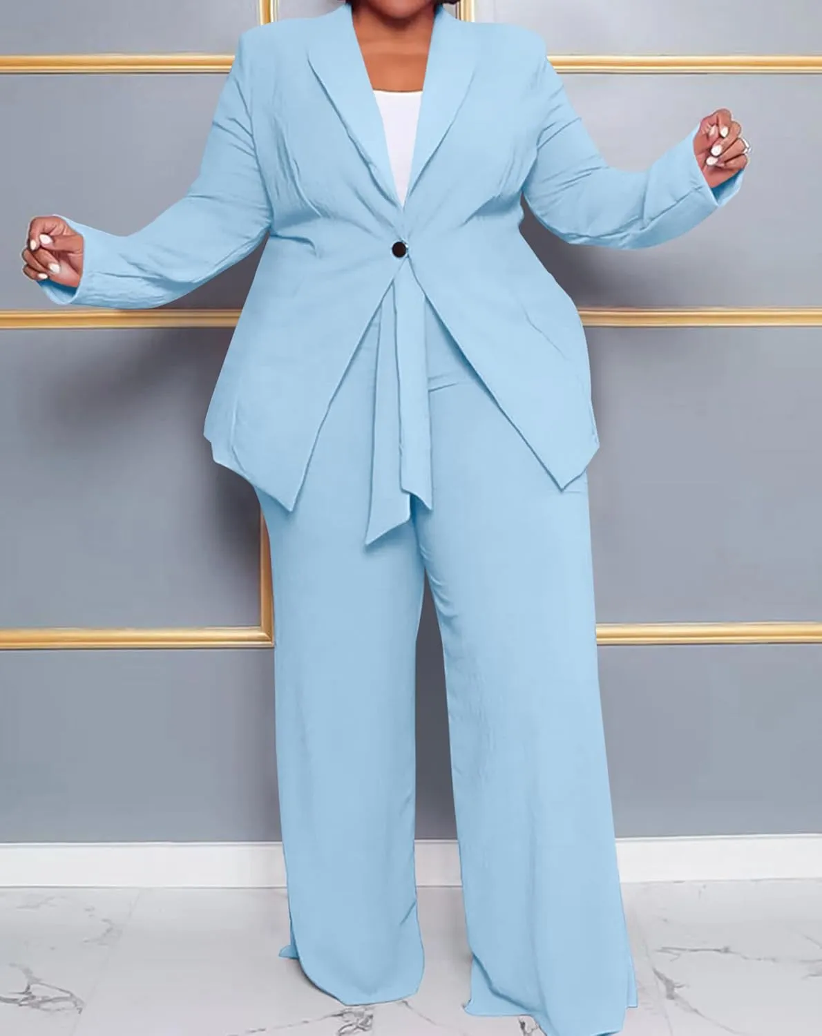 IyMoo Plus Size Suits for Women Business Open Front Long Sleeve Blazer Elastic Waist Solid Straight Leg Pant Set Suits