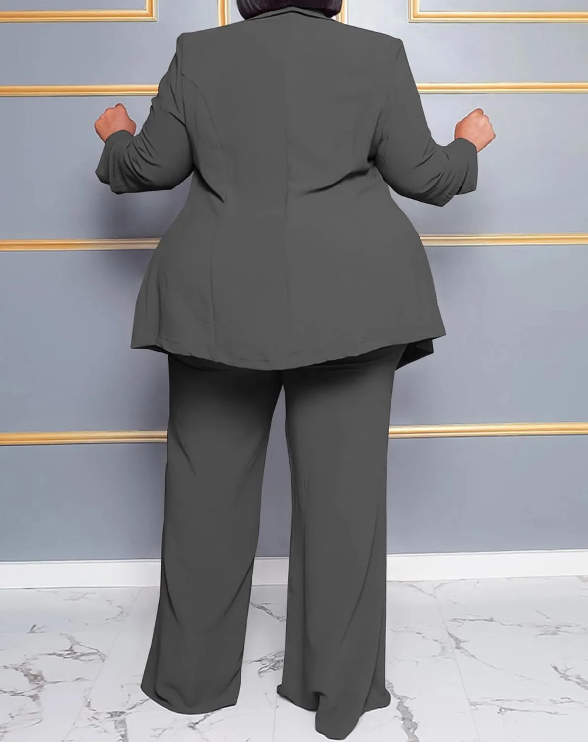 IyMoo Plus Size Suits for Women Business Open Front Long Sleeve Blazer Elastic Waist Solid Straight Leg Pant Set Suits